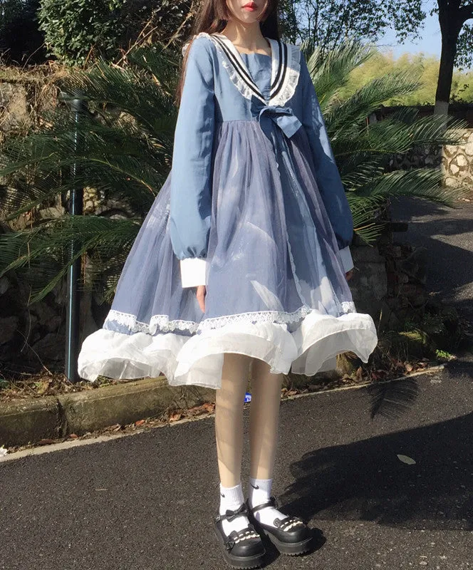 Original Design Lolita Cloud Moon Navy Collar Dress UB6314