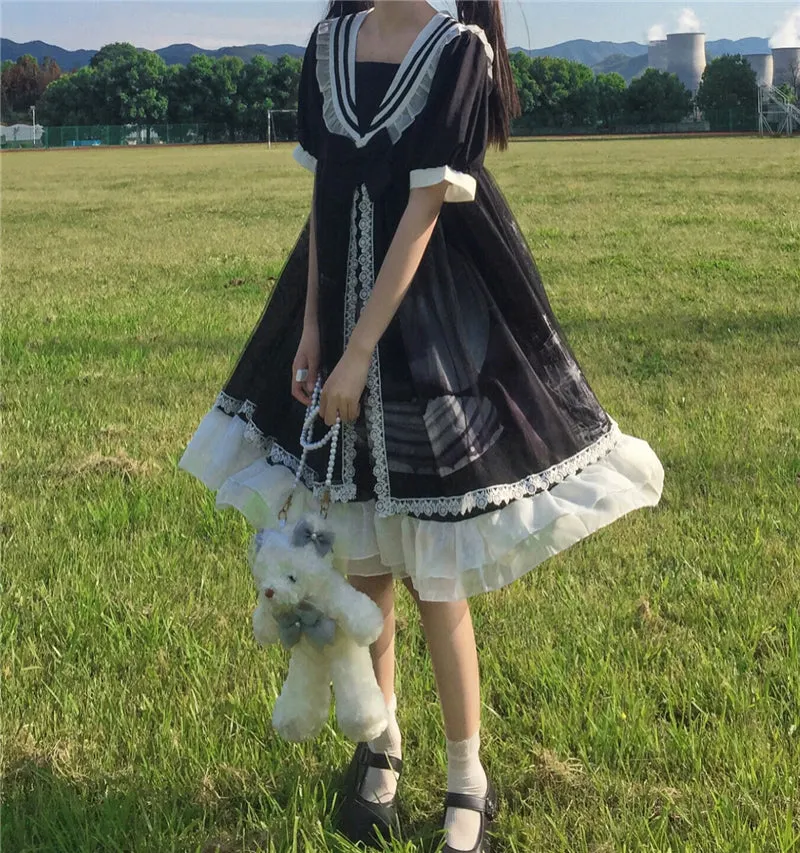Original Design Lolita Cloud Moon Navy Collar Dress UB6314
