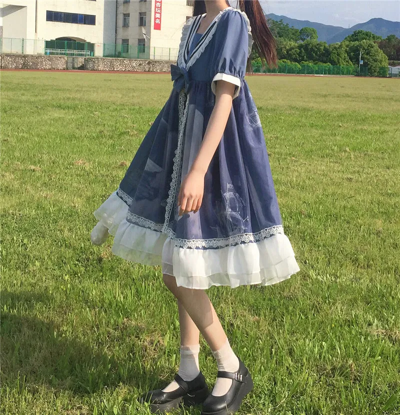 Original Design Lolita Cloud Moon Navy Collar Dress UB6314