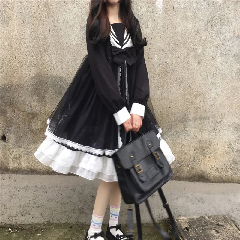Original Design Lolita Cloud Moon Navy Collar Dress UB6314