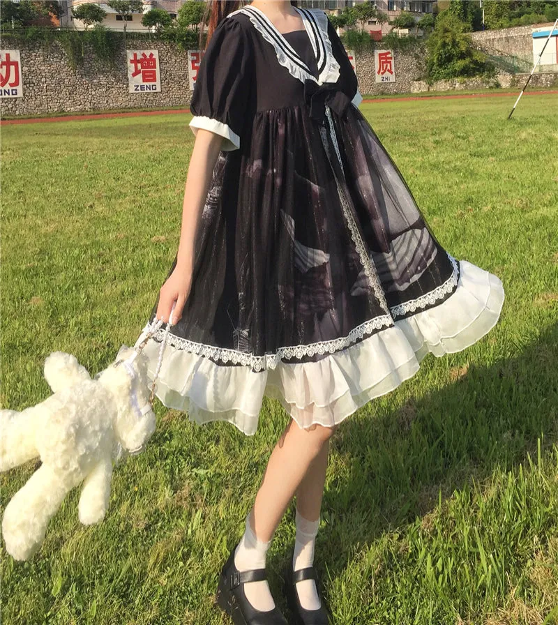 Original Design Lolita Cloud Moon Navy Collar Dress UB6314