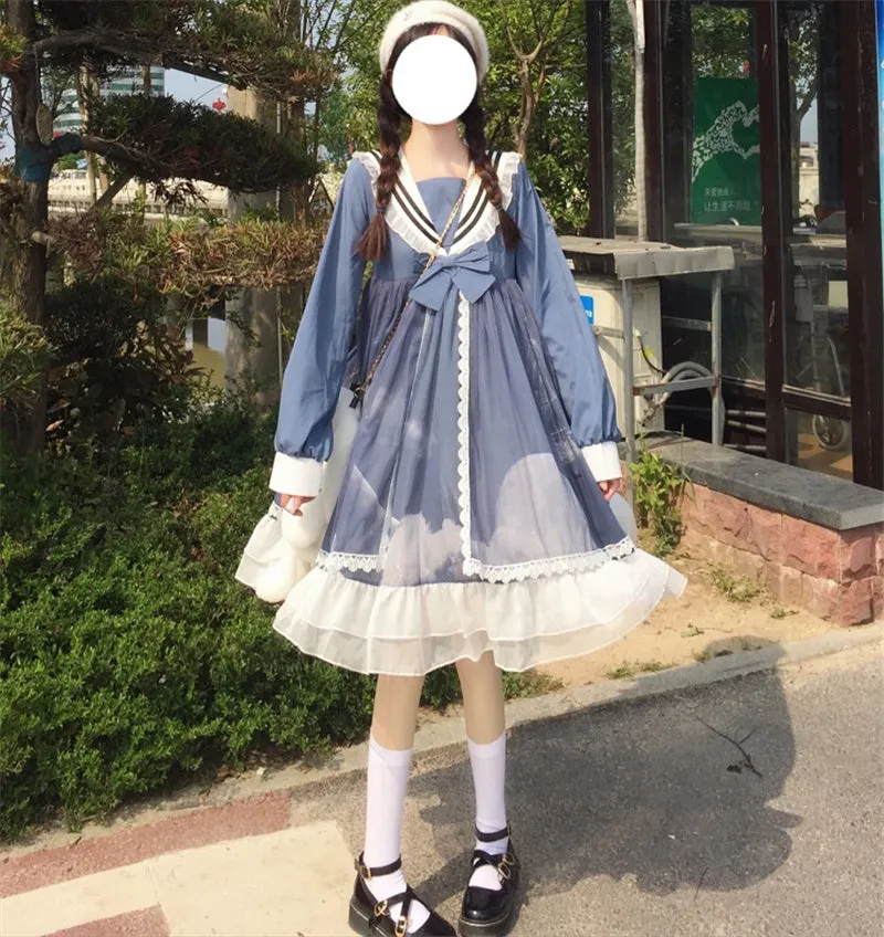 Original Design Lolita Cloud Moon Navy Collar Dress UB6314