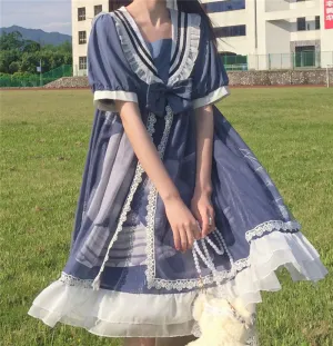 Original Design Lolita Cloud Moon Navy Collar Dress UB6314