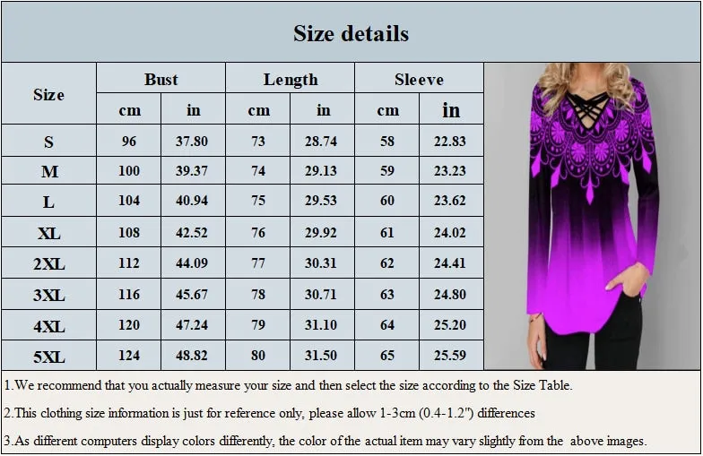 Oversized Blouses Long Sleeve Gradient Element Print Shirts Casual Cross V-Neck Ladies Tops