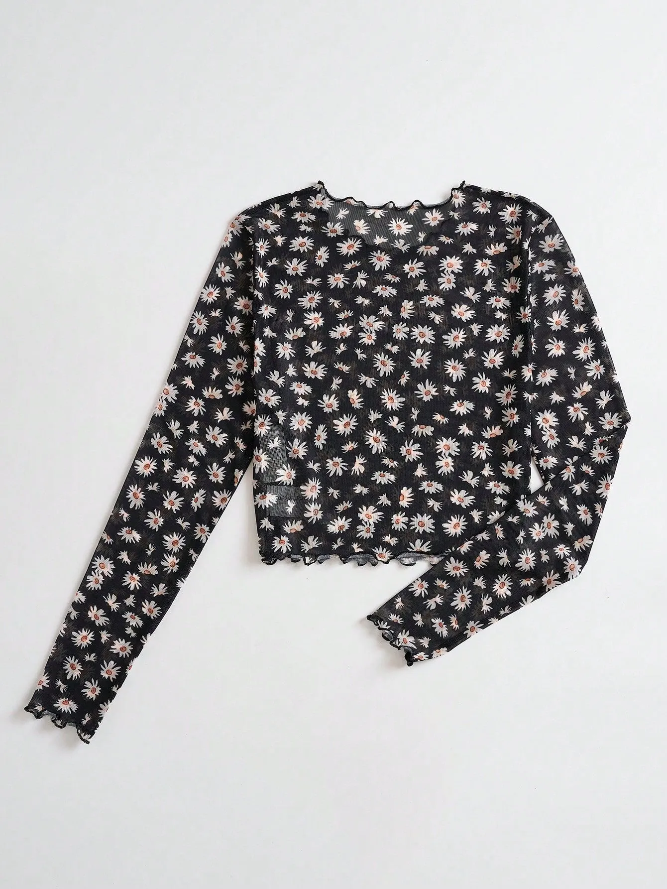 Parien Daisy Print Lettuce Trim Mesh Top