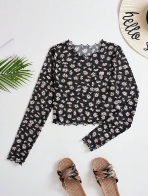 Parien Daisy Print Lettuce Trim Mesh Top