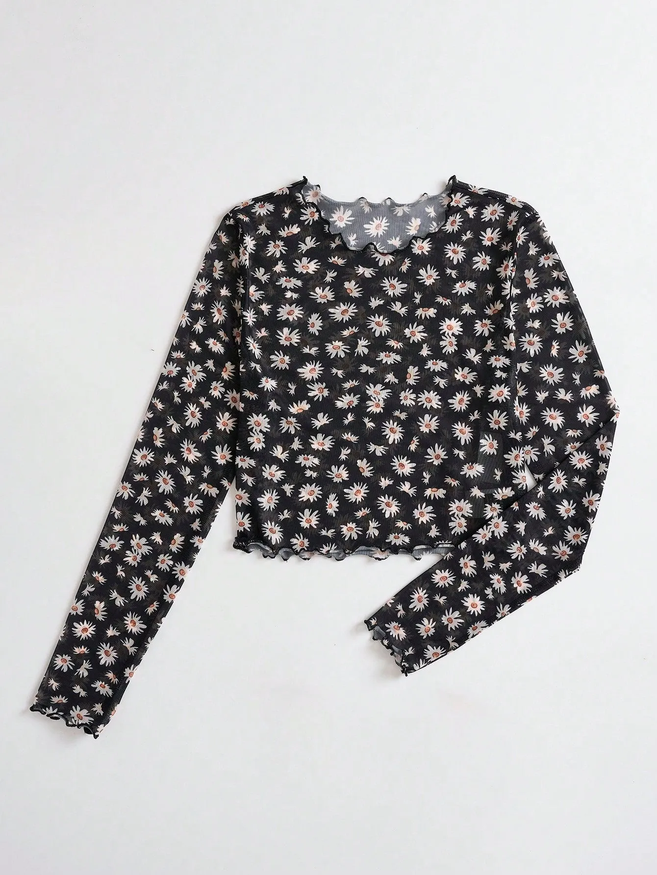 Parien Daisy Print Lettuce Trim Mesh Top