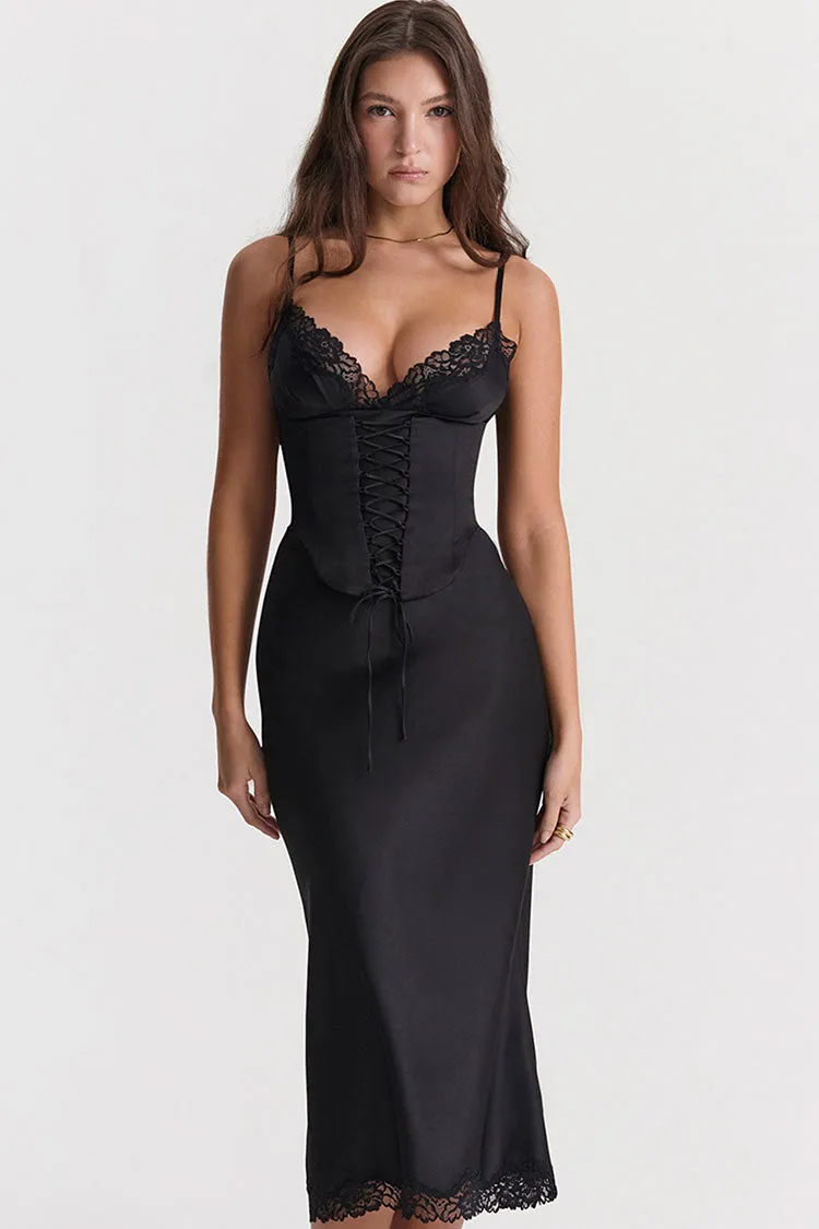 Party Lace Up Belt V Neck Lace Satin Slip Midi Dress - Black