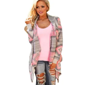 Pink Kimono Cardigan Blouses Women Geometric Printed Long Sleeve Cotton Coat Fashion Knitted Poncho Tops Casual Blouse
