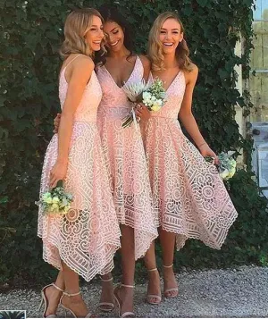 pink lace bridesmaid dresses 2020 tea length cheap custom country style wedding party dresses