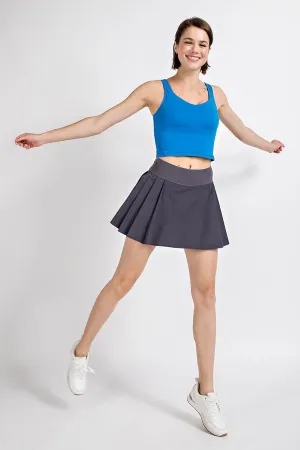 Pleat Skort Stretch Woven Waistband 2 In 1 W/Pockets