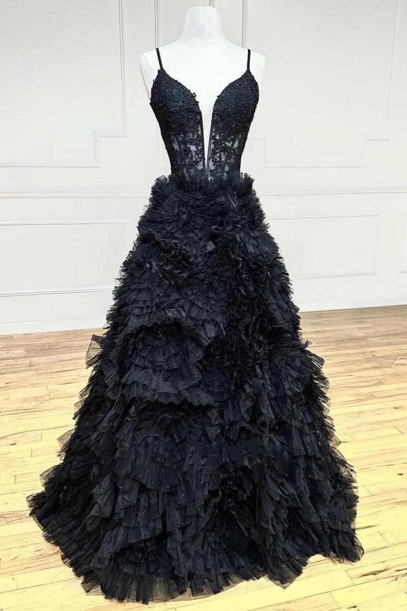 Plunge V Spaghetti Strap Ruffle Tie Long Gown