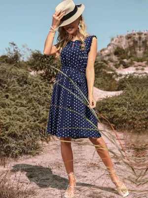 Polka Dot Knee-Length Dress with Pleats and Belt