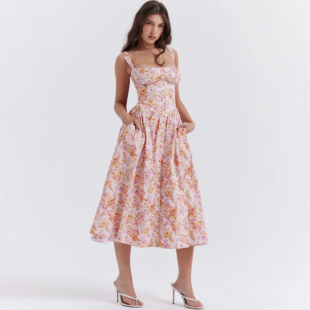 Prairie Printed Square Neck Button Detail Drop Waist Lace Up Back Midi Floral SunDress