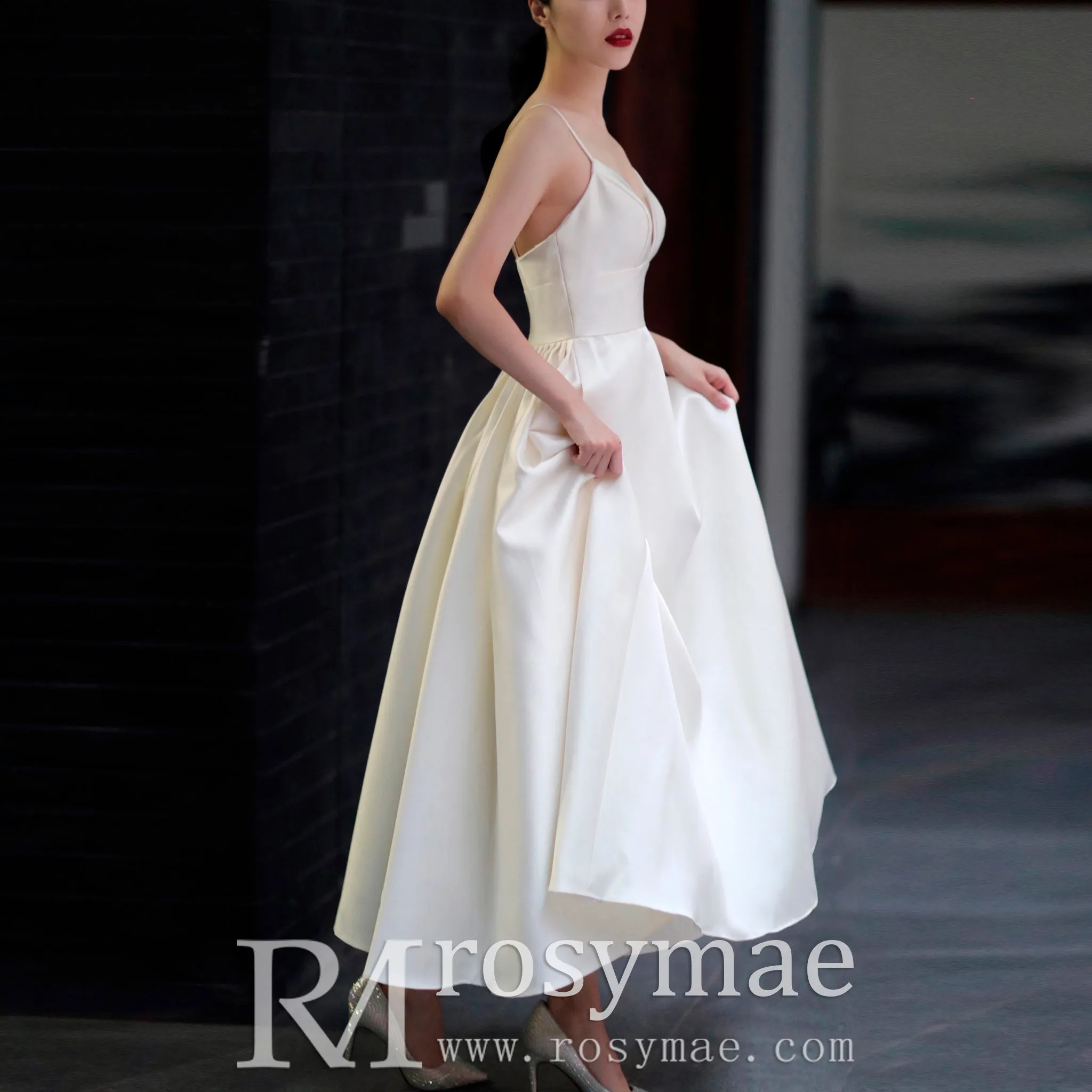 Princess A-line Tea Length Wedding Dress with Spaghetti Straps