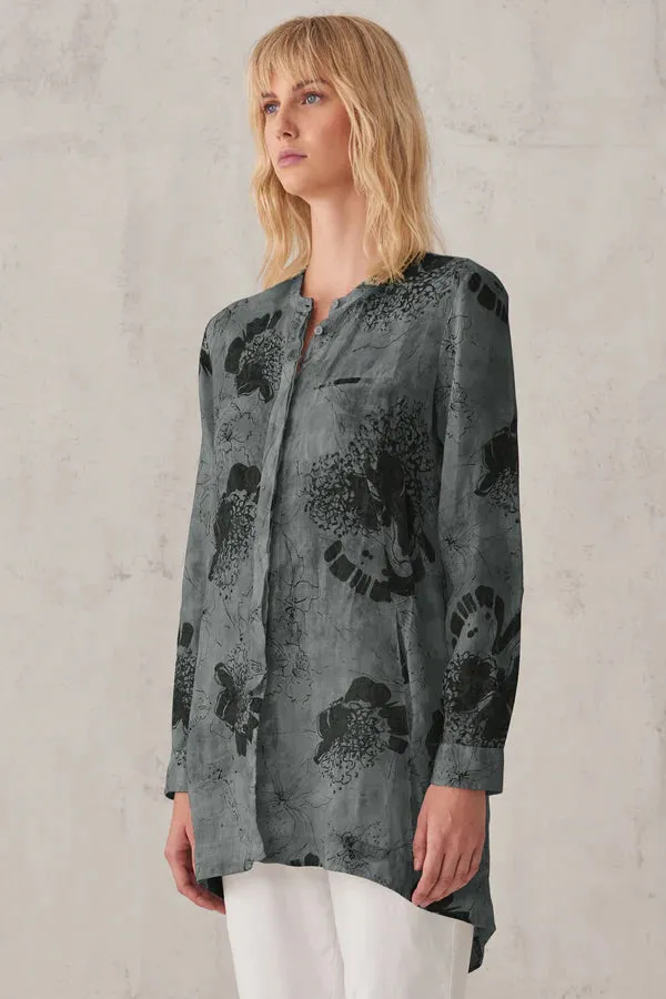 Printed Linen Mandarin Collar Shirt - Blue