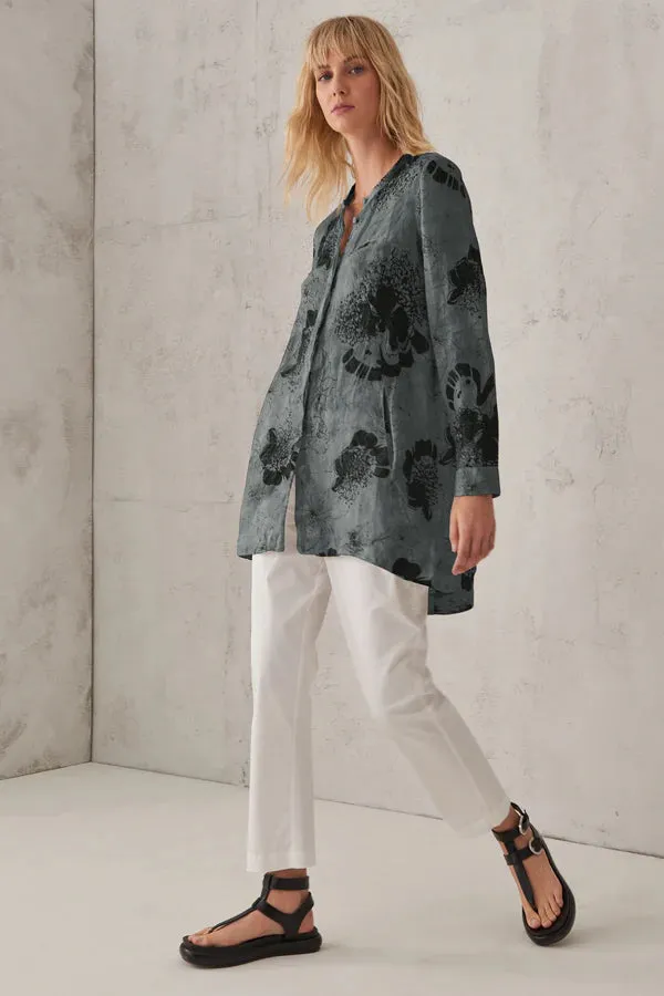 Printed Linen Mandarin Collar Shirt - Blue
