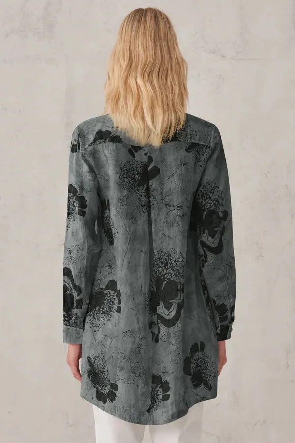 Printed Linen Mandarin Collar Shirt - Blue