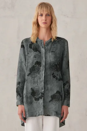Printed Linen Mandarin Collar Shirt - Blue