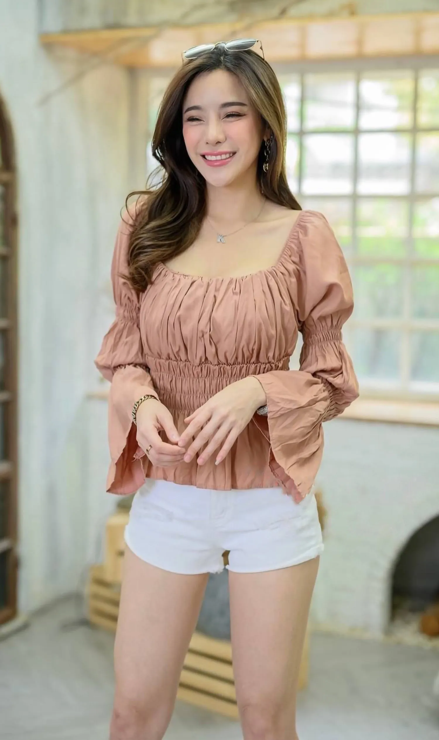 PRISCILLA Tiered-Sleeve Ruched 2-Way Top (Mocha)