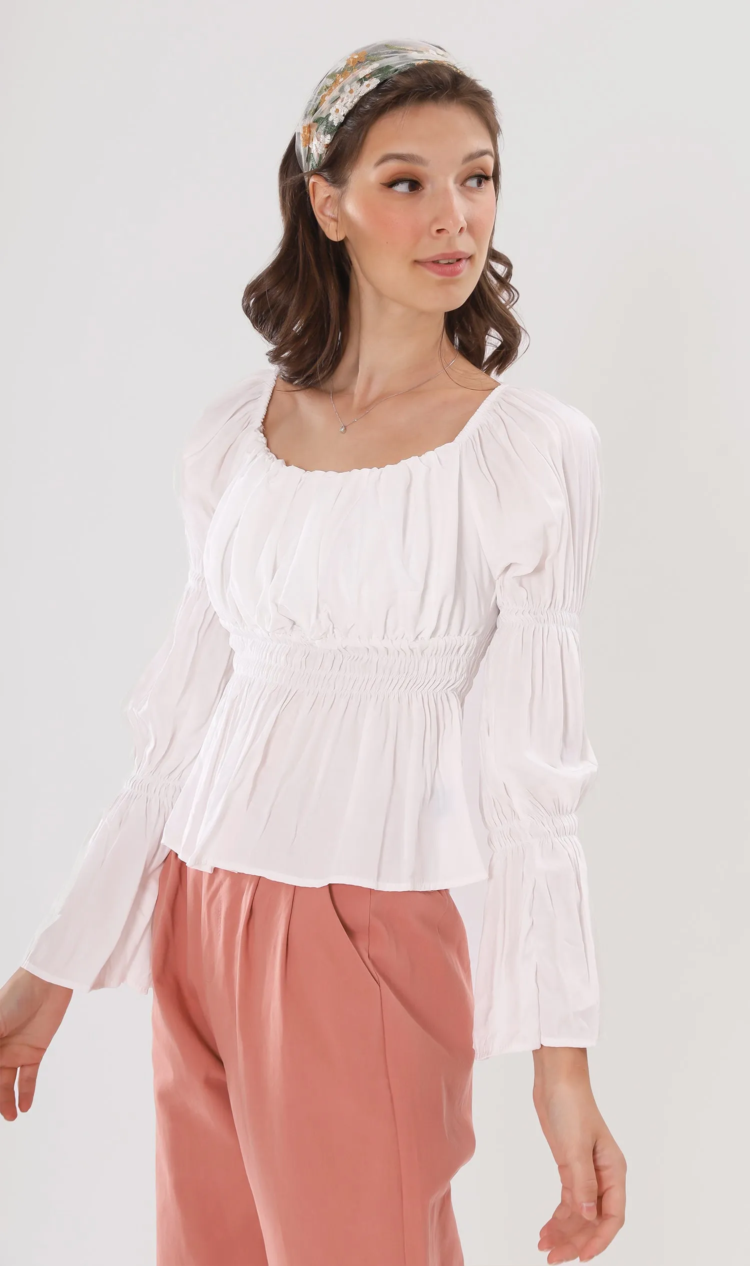 PRISCILLA Tiered-Sleeve Ruched 2-Way Top (White)