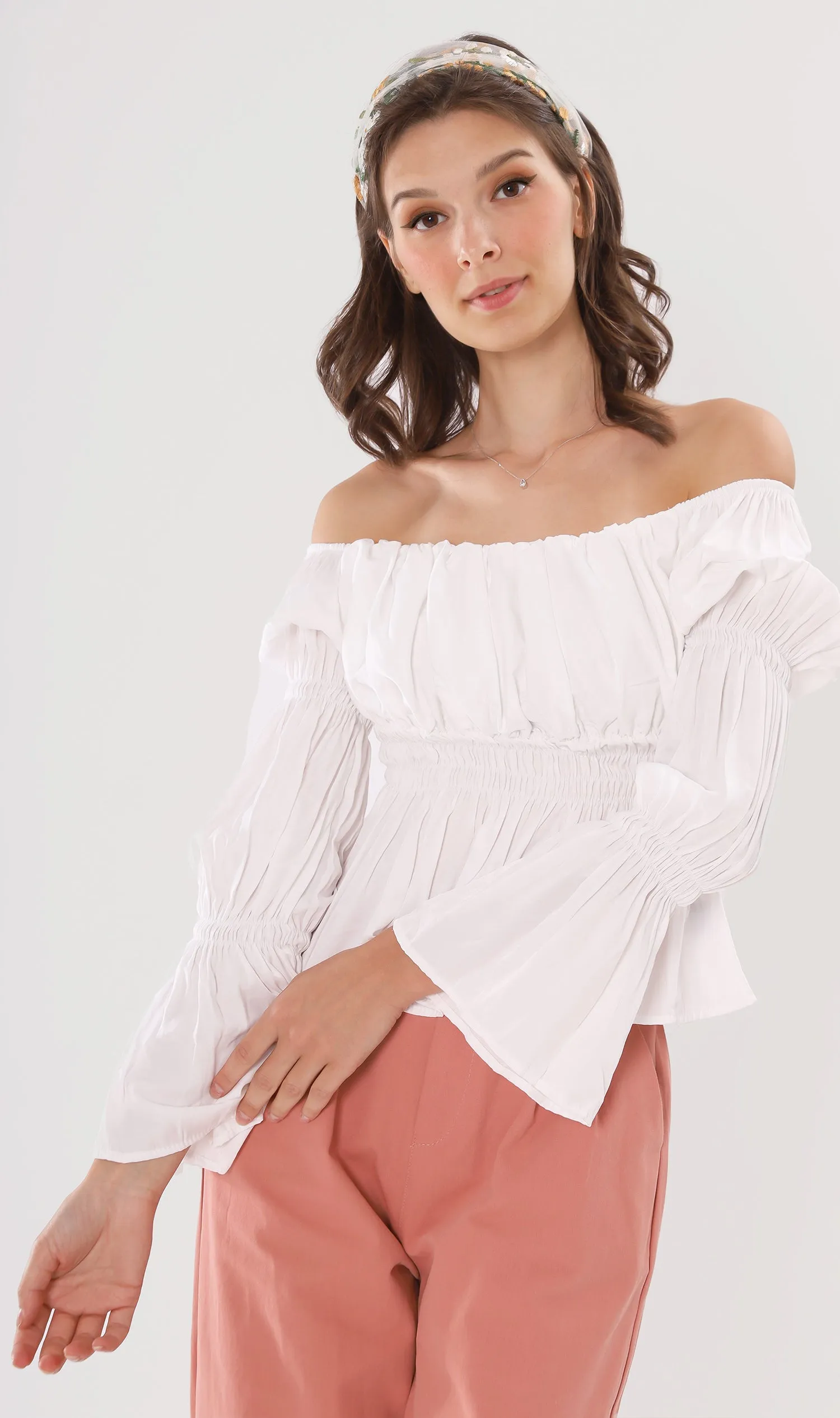 PRISCILLA Tiered-Sleeve Ruched 2-Way Top (White)