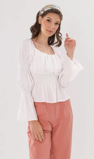 PRISCILLA Tiered-Sleeve Ruched 2-Way Top (White)