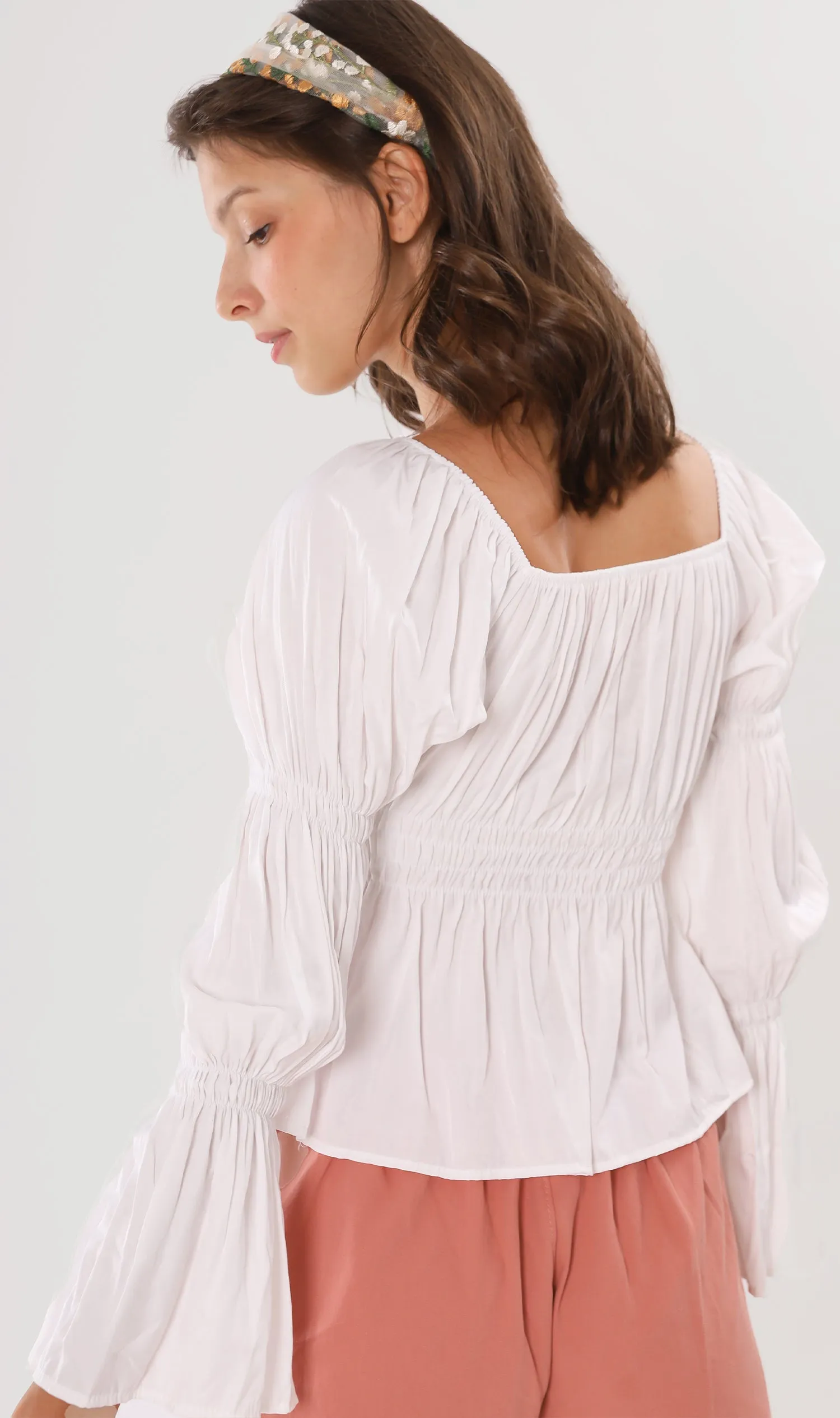 PRISCILLA Tiered-Sleeve Ruched 2-Way Top (White)