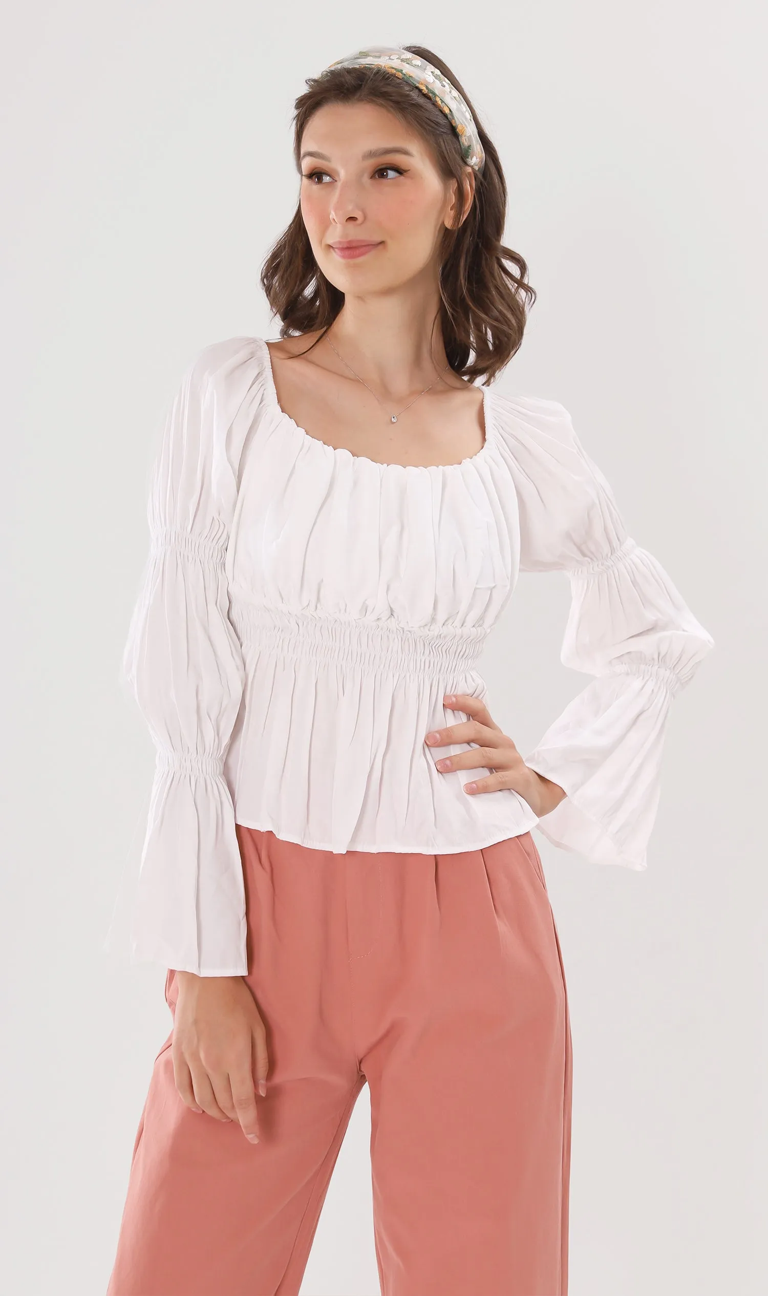 PRISCILLA Tiered-Sleeve Ruched 2-Way Top (White)