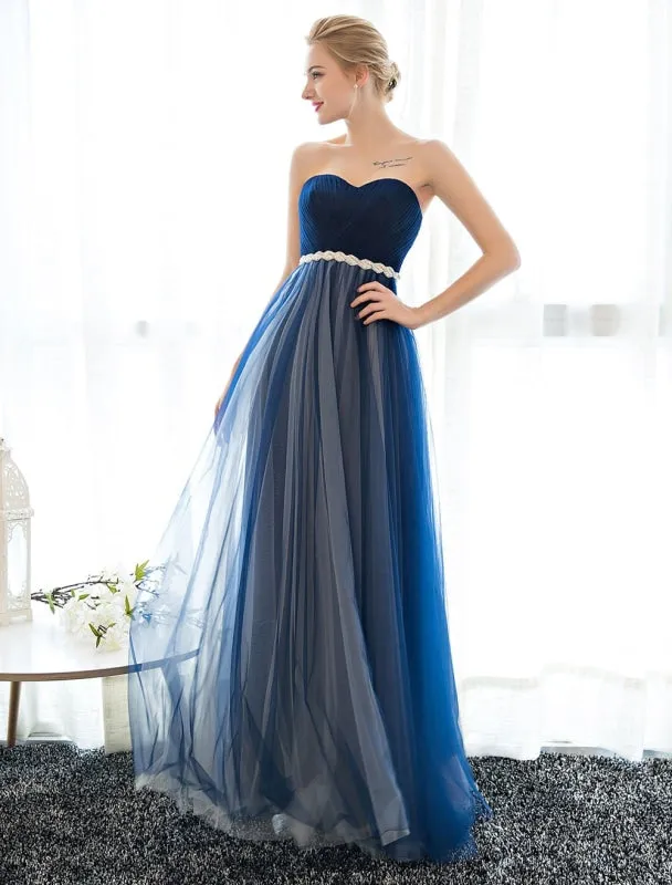 Prom Dress Strapless Dark Navy Sweetheart Neckline Long Party Dresses Beaded Sash Pleated Tulle Floor Length Evening Dress