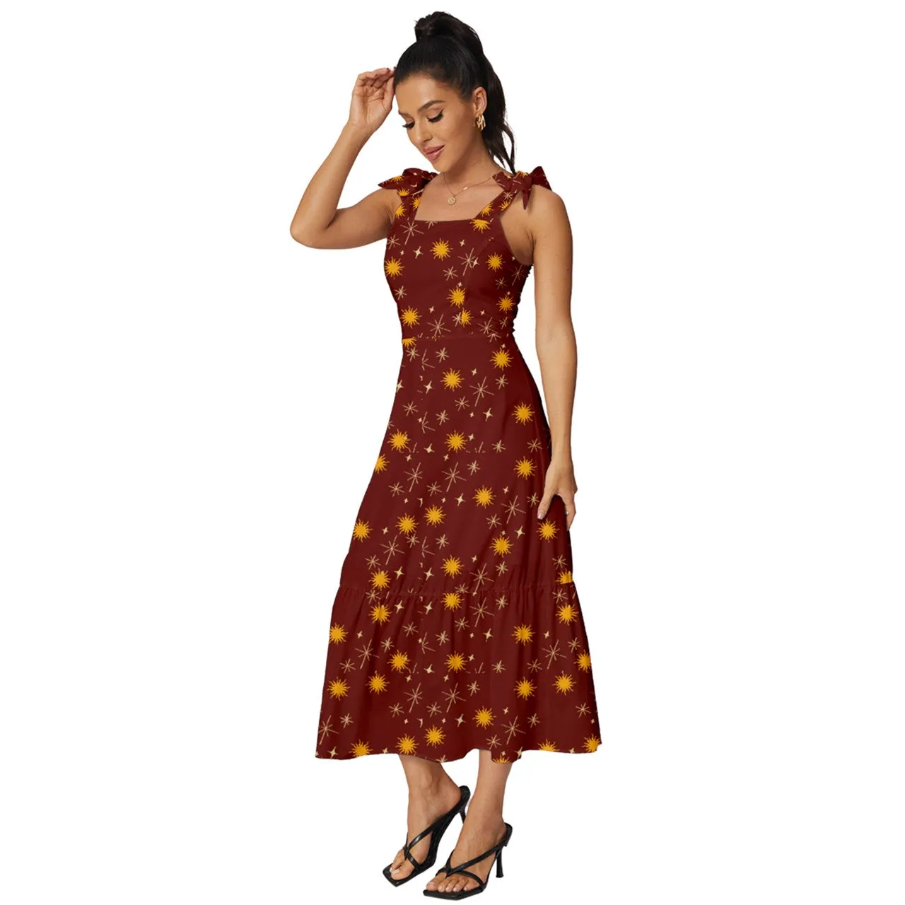 Red Whimsy Tie-Strap Tiered Midi Chiffon Dress