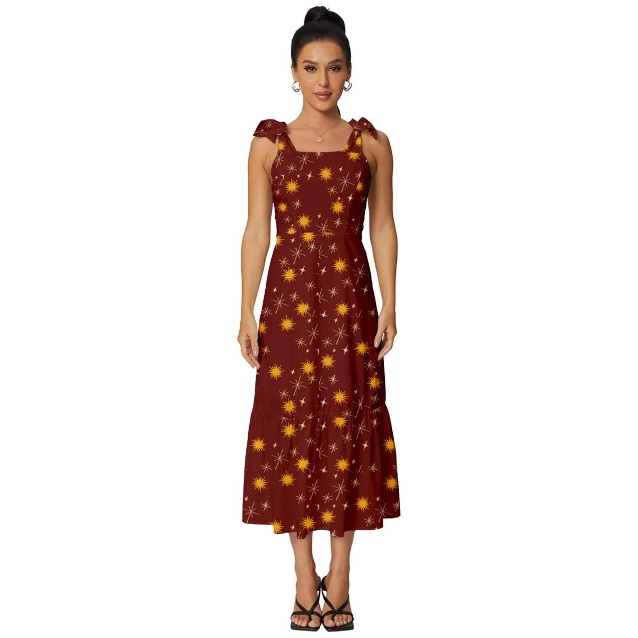 Red Whimsy Tie-Strap Tiered Midi Chiffon Dress