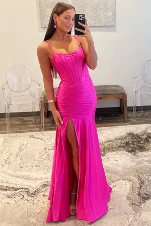 Roycebridal Addilynn| Mermaid Scoop Neck Satin Prom Dress with Slit