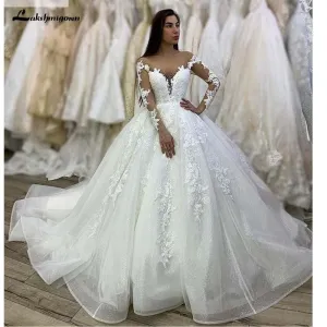 Roycebridal Long Sleeves V-Neck Floor-Length Ball gown Wedding dress