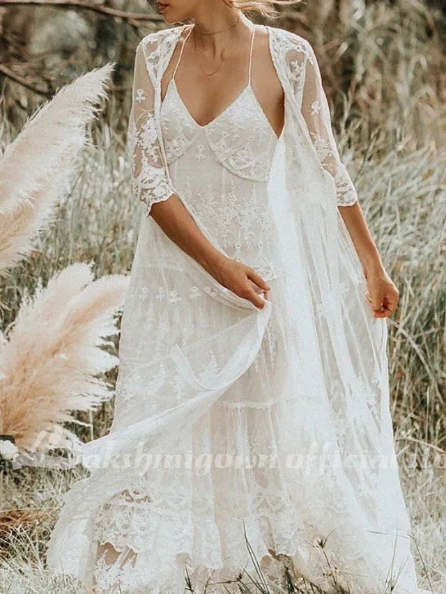Roycebridal Two Piece A-Line Wedding Dresses Spaghetti Strap Sweep / Brush Train Lace Sleeveless Boho with Embroidery