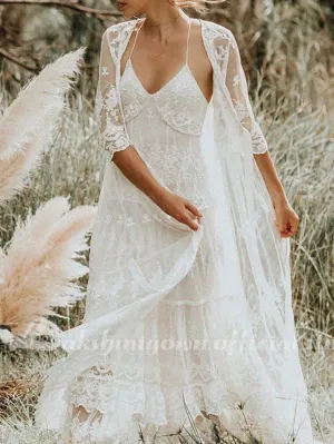 Roycebridal Two Piece A-Line Wedding Dresses Spaghetti Strap Sweep / Brush Train Lace Sleeveless Boho with Embroidery
