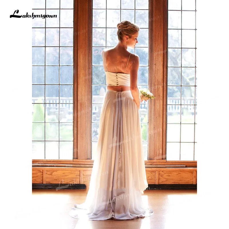 Roycebridal Two Piece Chiffon A-Line Wedding Dresses Spaghetti Straps Neck Open Back Sleeveless Sweep/Brush Train Beach Bride Gowns Pleats