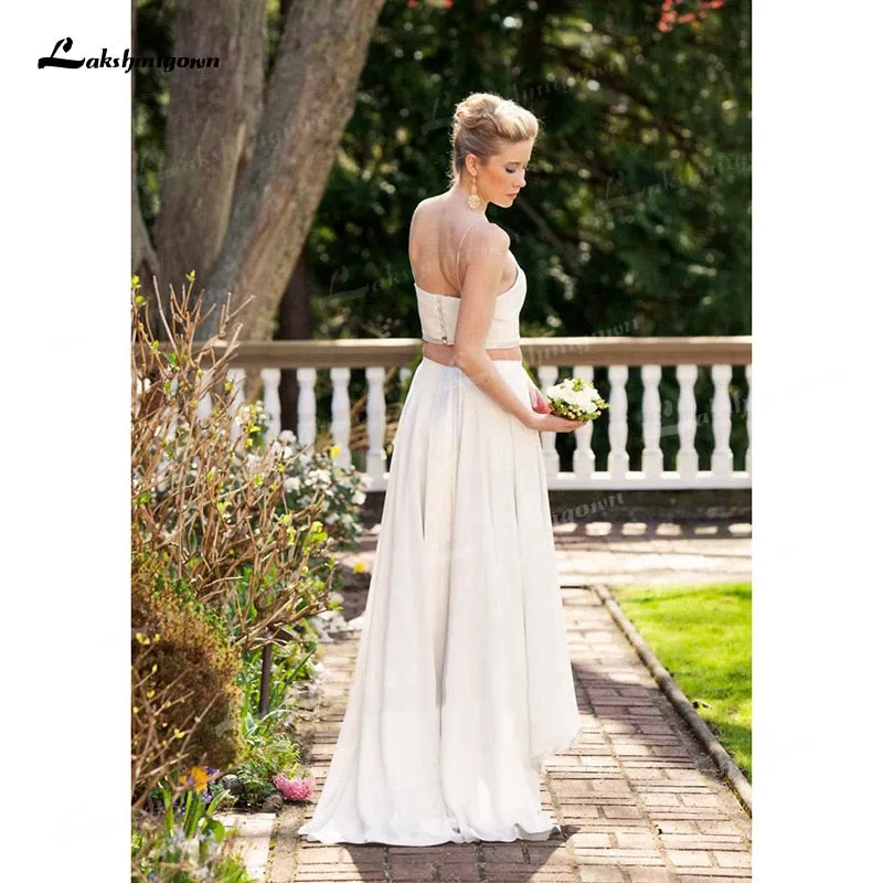 Roycebridal Two Piece Chiffon A-Line Wedding Dresses Spaghetti Straps Neck Open Back Sleeveless Sweep/Brush Train Beach Bride Gowns Pleats