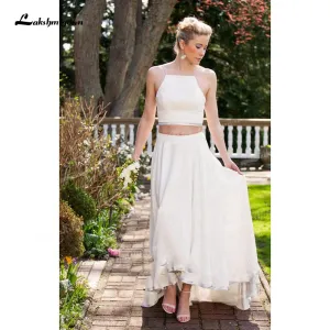 Roycebridal Two Piece Chiffon A-Line Wedding Dresses Spaghetti Straps Neck Open Back Sleeveless Sweep/Brush Train Beach Bride Gowns Pleats