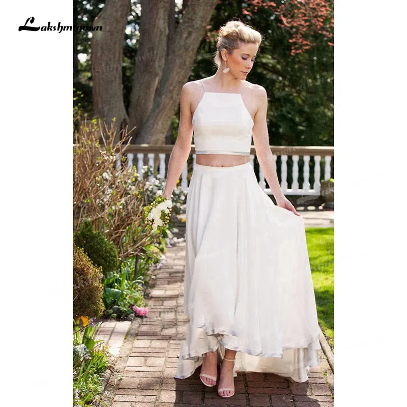 Roycebridal Two Piece Chiffon A-Line Wedding Dresses Spaghetti Straps Neck Open Back Sleeveless Sweep/Brush Train Beach Bride Gowns Pleats