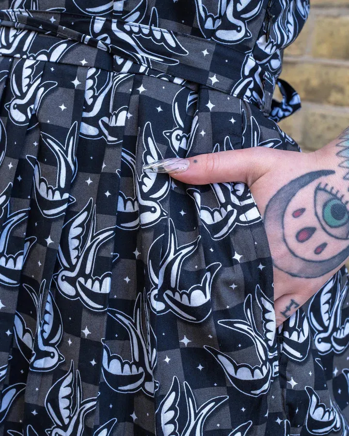 Run and Fly Checkerboard Swallow Print Tea Dress