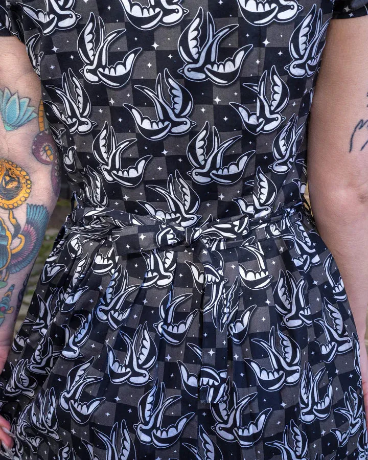 Run and Fly Checkerboard Swallow Print Tea Dress