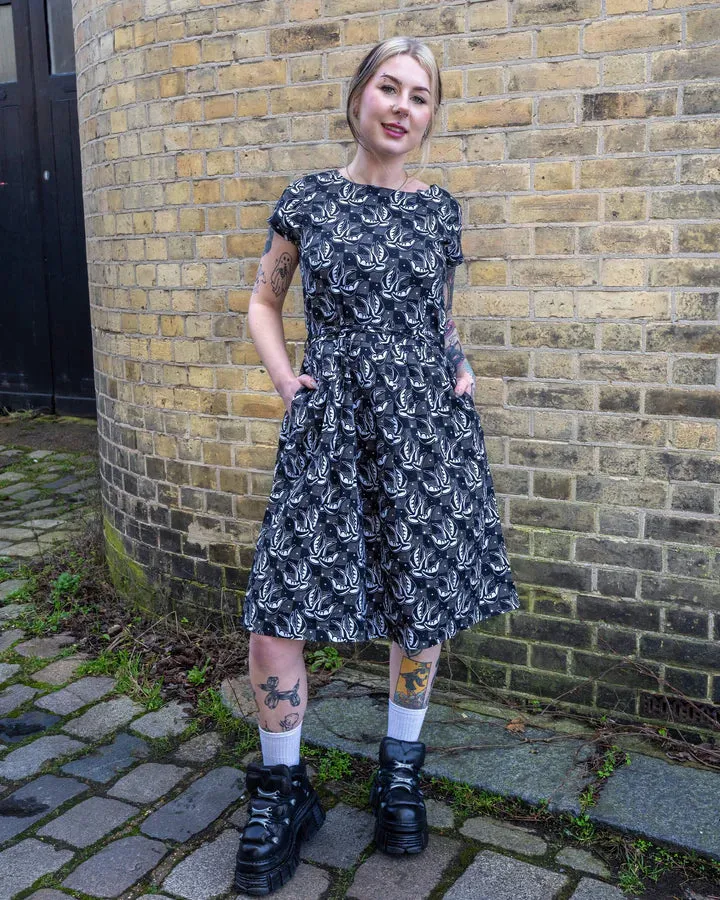 Run and Fly Checkerboard Swallow Print Tea Dress