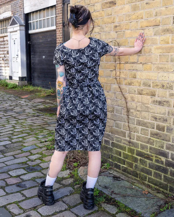 Run and Fly Checkerboard Swallow Print Tea Dress