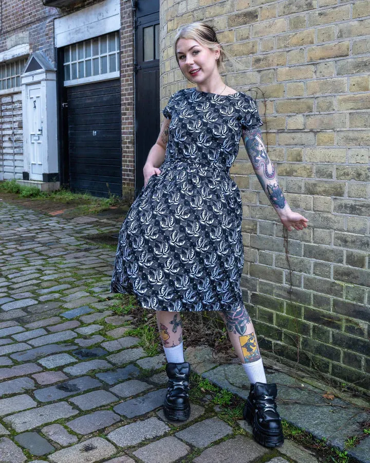 Run and Fly Checkerboard Swallow Print Tea Dress
