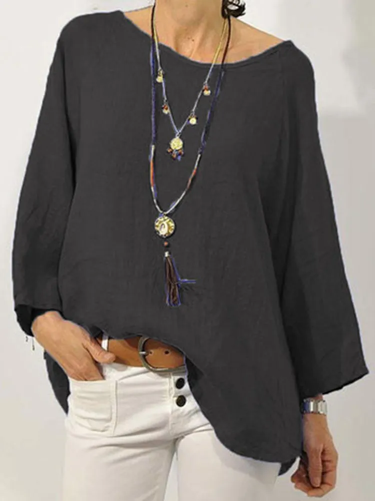 S-5XL Women Pure Color Linen Loose Long Sleeve Blouse