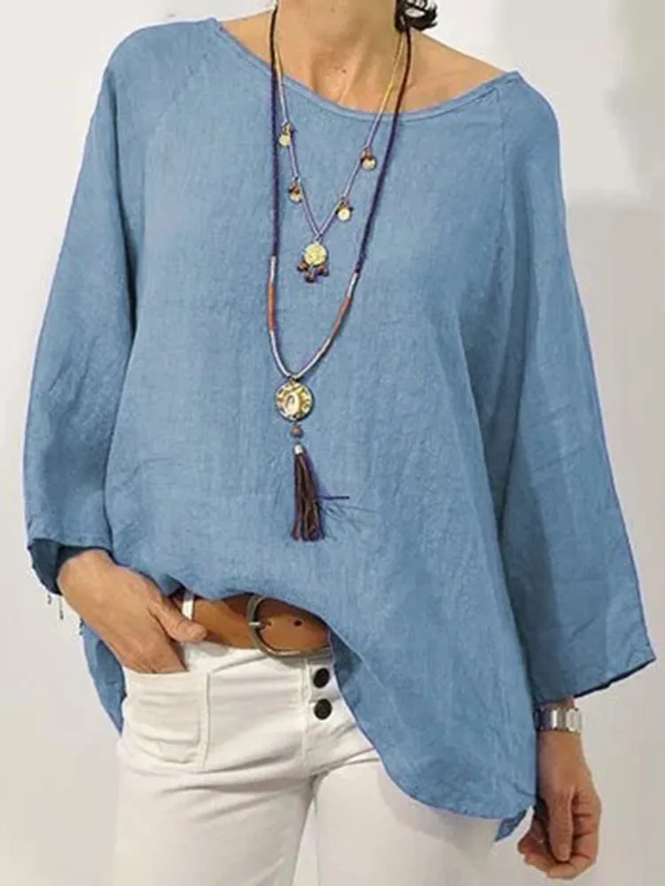 S-5XL Women Pure Color Linen Loose Long Sleeve Blouse