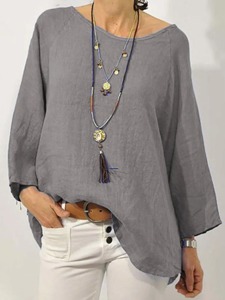 S-5XL Women Pure Color Linen Loose Long Sleeve Blouse