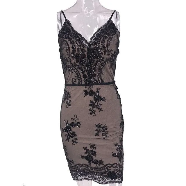 SAGACE Womens Deep V Party Dress Woman Sexy Spaghetti Strap Dress Fashion Ladies Cocktail Dress Lace Camisole Sequins Dresses
