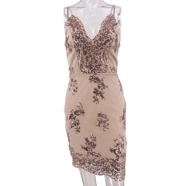 SAGACE Womens Deep V Party Dress Woman Sexy Spaghetti Strap Dress Fashion Ladies Cocktail Dress Lace Camisole Sequins Dresses
